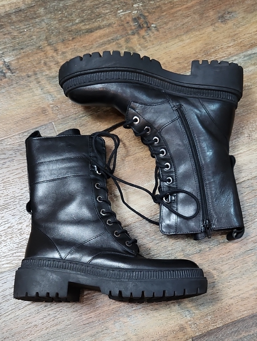 Sisley Black Leather Lace-Up Combat Boots Chunky Lug Sole Size [37/38]